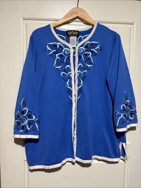 Bob Mackie Royal Blue Embroidered Button-Front sweater